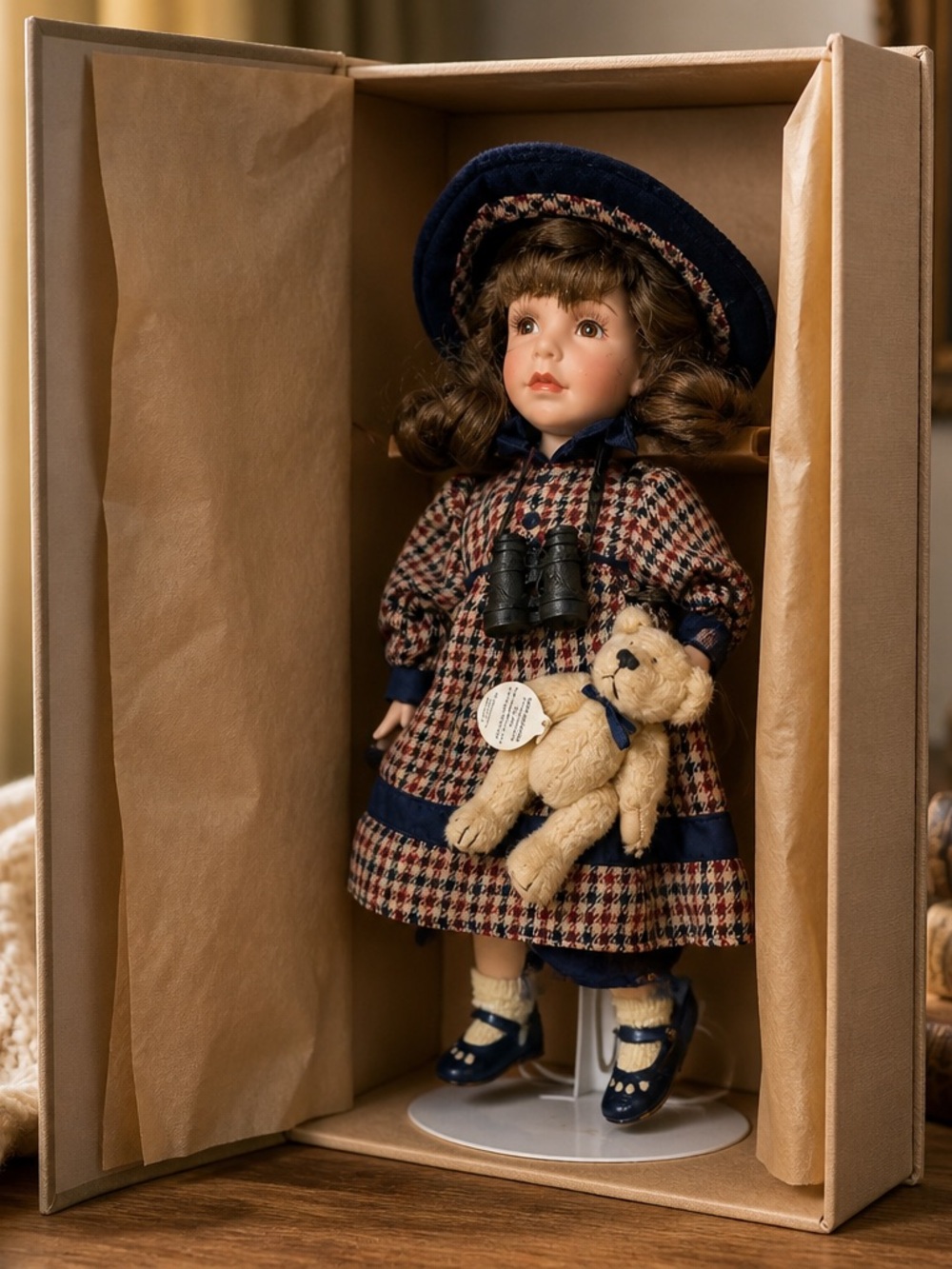 Boyds Bears Porcelain Doll in Navy & Beige Houndstooth Outfit